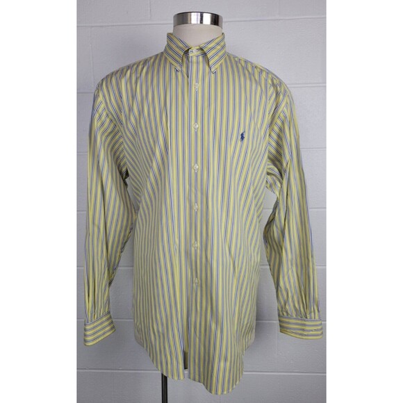 Polo Ralph Lauren Mens Yellow Blue Stripe Button Front Shirt Classic Fit XL 17.5 - Picture 1 of 10